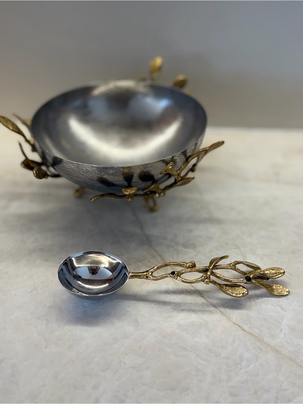 Michael Aram Silver Bowl and Gold Olive Branch Spoon Set